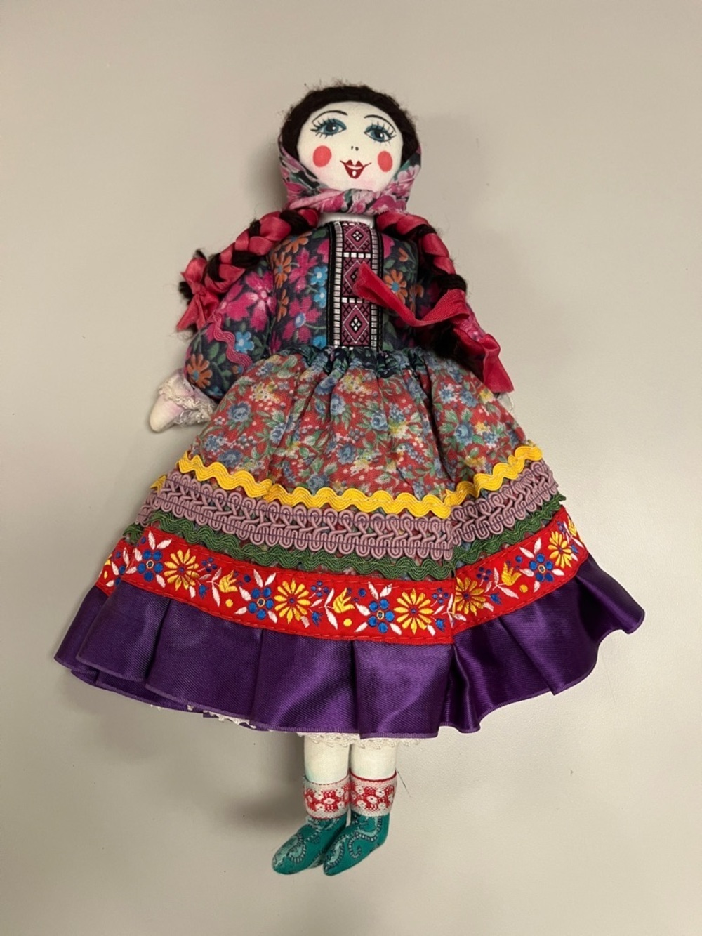 Russian Handmade Folk-Style Cloth Doll - Purple & Multicolor Dress